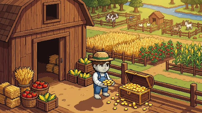 A farmer character on a rustic farm with a barn, cornfields, and livestock is shown holding a pile of gold coins next to an overflowing treasure chest, illustrating the post's "First payout complete" message. The image visually represents the harvest of Gold rewards being distributed to holders with more than 10 Gold.
