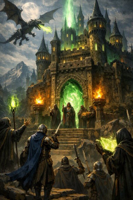 A fantasy artwork depicting a medieval castle scene with a dragon, knights with swords, robed figures with green flames, and a full moon in the sky.