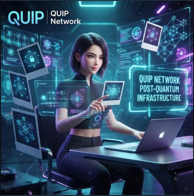 A digital illustration for "QUIP Network" showing a woman at a laptop with holographic interfaces, labeled "QUIP NETWORK POST-QUANTUM INFRASTRUCTURE."