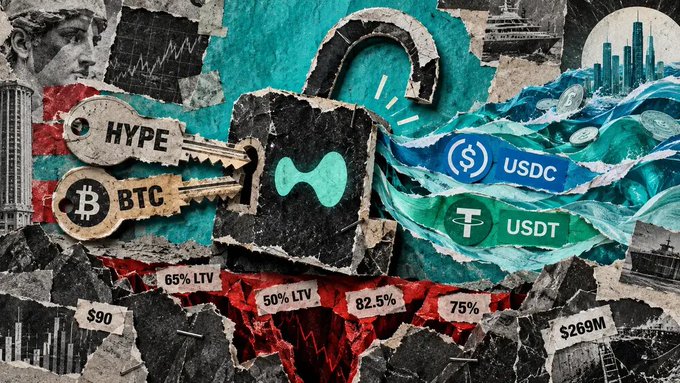 A collage artwork depicts cryptocurrency themes with keys labeled 'HYPE' and 'BTC' alongside a lock, and stylized waves labeled 'USDC' and 'USDT'. Various torn paper scraps show loan-to-value ratios like '65% LTV' and '50% LTV', plus dollar amounts including '$90' and '$269M'.