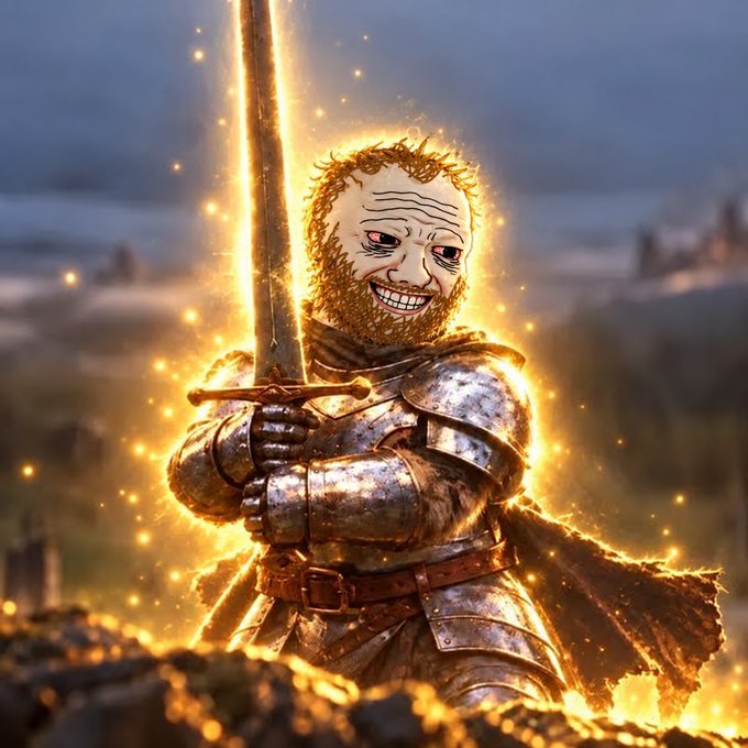 A fantasy-style digital artwork of a knight in armor wielding a glowing golden sword, with a cartoonish grinning face superimposed on the figure, set against a misty landscape.