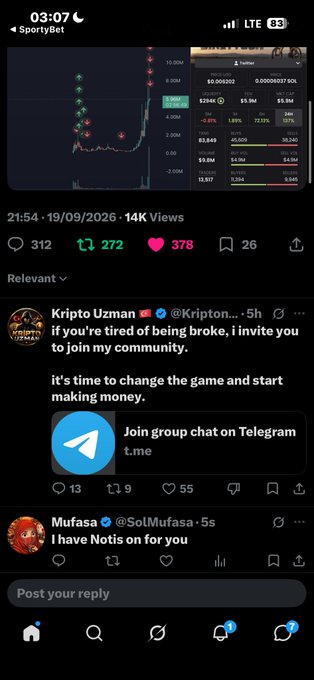 A mobile screenshot shows a Twitter post featuring a token chart with green and red price spikes, posted by user 'Kripto Uzman' promoting a Telegram group chat to 'change the game and start making money.'