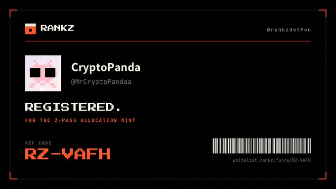 A dark-themed digital ticket or pass for 'RANKZ' (@rankzdotfun) confirming that 'CryptoPanda' (@MrCryptoPandaa) is 'REGISTERED. FOR THE Z-PASS ALLOCATION MINT', showing the ref code 'RZ-VAFH' and a barcode.