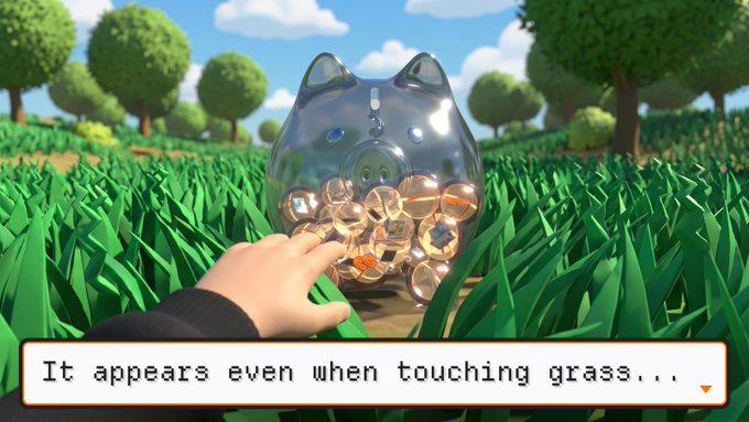 A 3D rendered scene showing a hand reaching toward a translucent cat-shaped container filled with glowing coins in a grassy area, with text reading 'It appears even when touching grass...'.