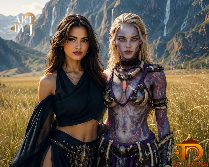 Digital fantasy artwork by 'ART BY J' shows two female characters standing in a grassy field with mountains in the background: one with dark hair in a black dress, and an elf-like figure with pale, veined skin wearing bone armor.