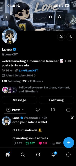 A Twitter/X profile screenshot of verified user @LoneXBT with bio 'web3 marketing ✧ memecoin trencher 📈 ✧ all posts & rts are nfa', displaying a recent post about rewarding active community members.
