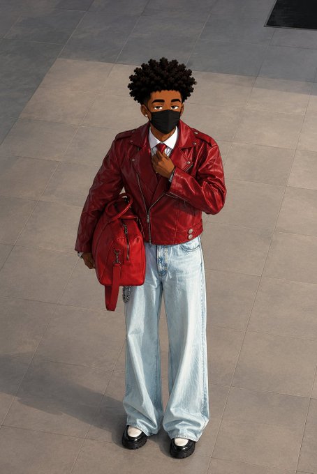 A full-body shot of a stylish individual wearing a red leather jacket, baggy light blue jeans, a face mask, and carrying a red backpack.