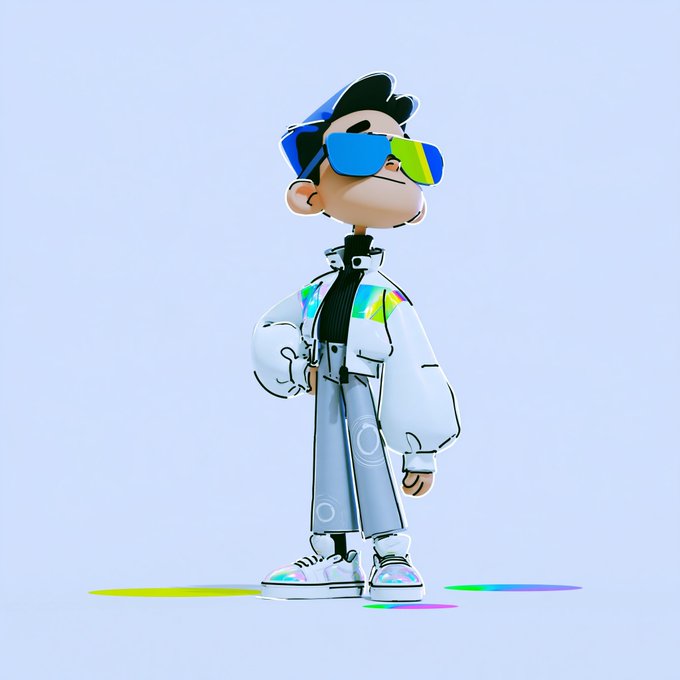 A stylized 3D cartoon character stands confidently wearing a blue cap, blue and green reflective sunglasses, a white oversized jacket, gray pants, and iridescent sneakers on a holographic surface.