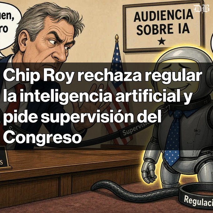 A cartoon illustration of a politician in a suit refusing a smiling robot at a desk labeled 'AUDIENCIA SOBRE IA', with a snake labeled 'Regulac...' on the floor, overlaid with Spanish text 'Chip Roy rechaza regular la inteligencia artificial y pide supervisión del Congreso'.