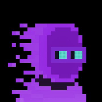 A pixel art illustration of a purple ghost-like character with two teal eyes appearing to dissolve or trail into pixel particles on a black background.