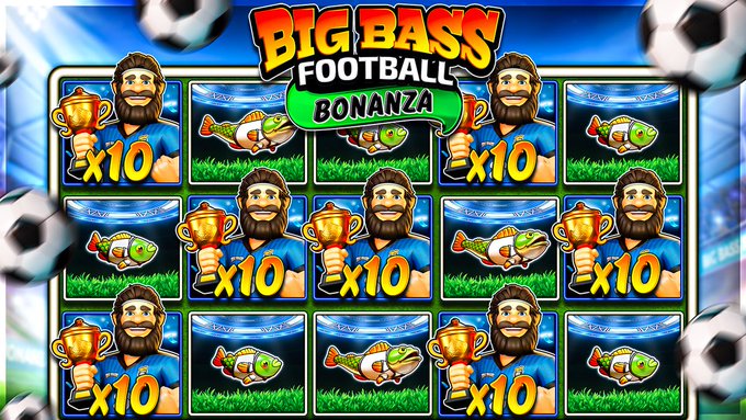 The image features a poster for a slot machine game called "Big Bass Football Bonanza", which has a man holding a trophy with his arms raised, surrounded by various sports balls including soccer balls and fish. The poster also includes text that reads "50 ROOBET GIVEAWAY RT + Follow @MercyRewards Like + Subscribe youtu.be/0uo_tIhl7sc (Proof Of Watching) Rolling in 48 hours On". This suggests that the game is a fun, interactive experience where players can win prizes by rolling dice and playing sports-related games with their friends or family members.