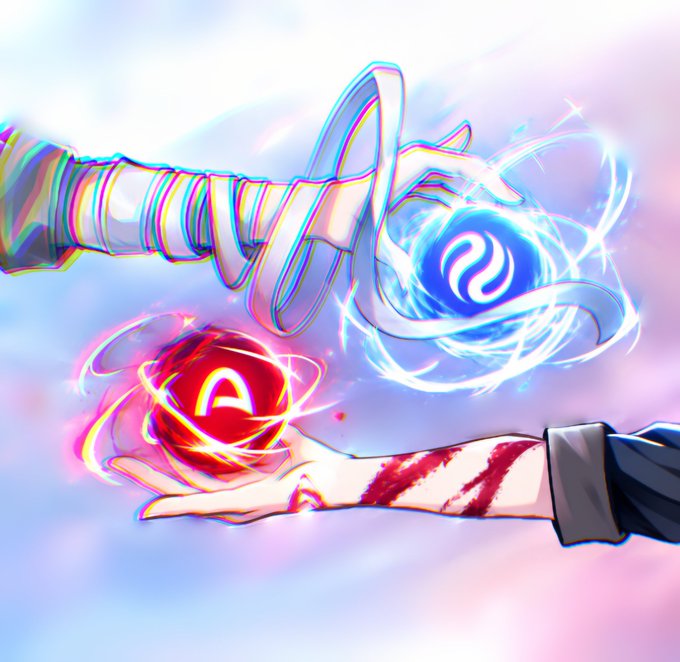 An anime-style illustration of two hands holding glowing orbs - one red/orange with an 'A' symbol and one blue with a wave-like symbol - against a bright, sparkly background.