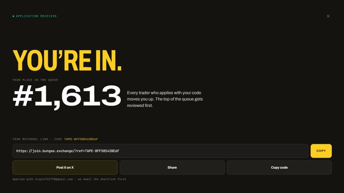 A dark-themed screen displays the message 'YOU'RE IN.' with 'YOUR PLACE IN THE QUEUE' ranked at '#1,613', along with a referral link using code 'TAPE-8FFB8428E6F' and an 'APPLICATION RECEIVED' indicator at the top.