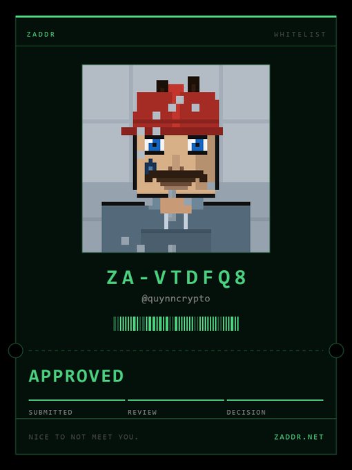 A digital whitelist approval card for "ZADOR" displaying a pixel-art character in a red mushroom hat, with the code "ZA-VTDFQ8", the handle "@quynnrcrypto", a barcode, and "APPROVED" status shown in green text.