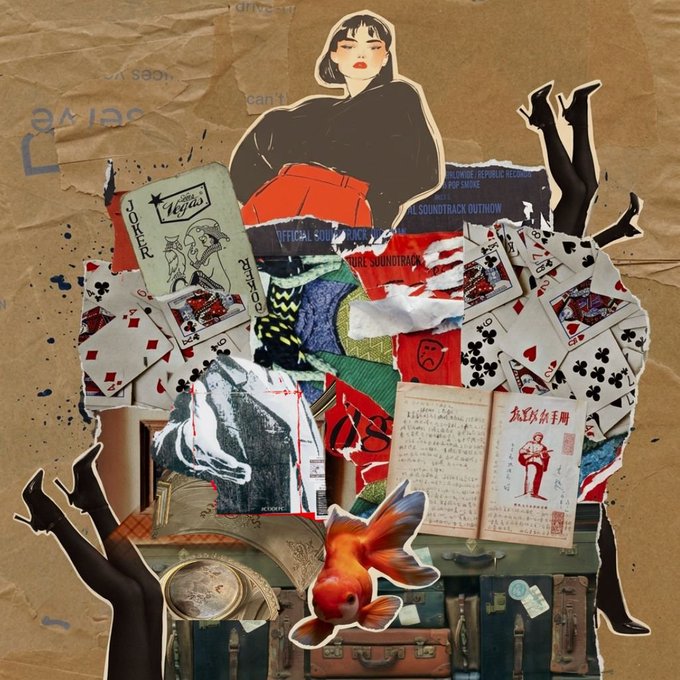 A surreal collage artwork on a crumpled brown paper background, featuring a woman in a black hoodie at the top, scattered playing cards, magazines, a goldfish, suitcases, and disembodied female legs in high heels.