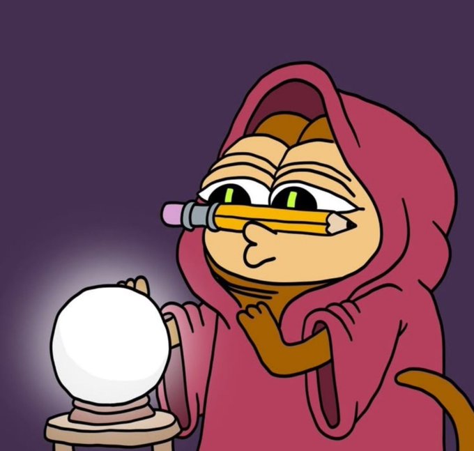 A cartoon character in a pink hooded robe with a pencil through its nose gazes into a glowing crystal ball, channeling fortune-telling vibes for a crypto "Gm guys" morning greeting.