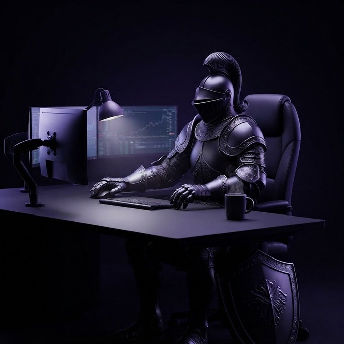 A dark, atmospheric image of a knight in full black armor sitting at a desk with monitors displaying trading charts, a keyboard, and a coffee mug.