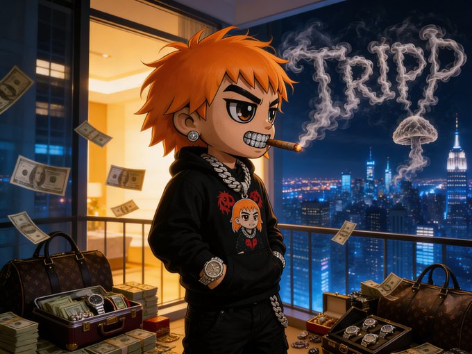 A stylized anime-style illustration of a character with orange hair smoking a cigar, wearing a black hoodie and chain, surrounded by floating money, luxury bags, and watches against a nighttime city skyline with 'TRIPP' spelled in smoke.