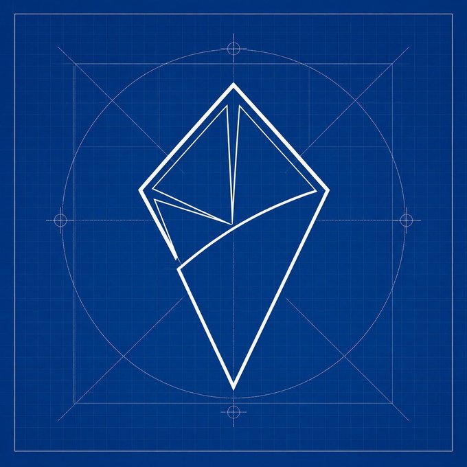 A white geometric logo featuring a stylized diamond shape on a blue blueprint-style background with grid lines and circles.