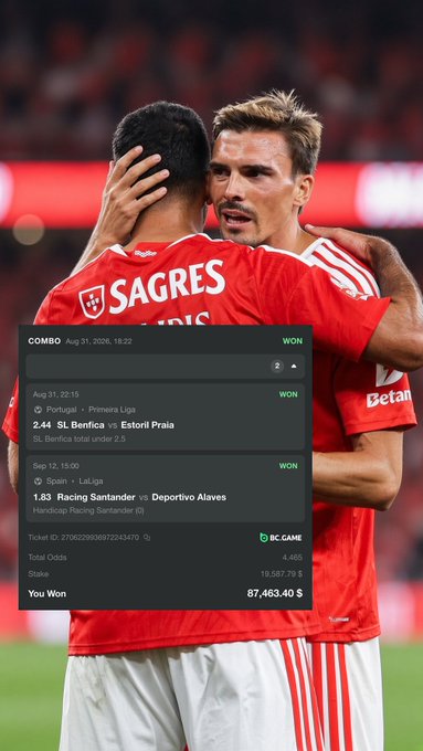 Two soccer players in red SL Benfica jerseys embracing, overlaid with a betting slip showing 'SL Benfica vs Estoril Praia' and 'Racing Santander vs Deportivo Alaves' as winning bets totaling 87,463.40 $.