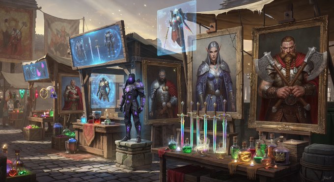 A fantasy artwork depicts a medieval marketplace filled with glowing weapons, potions, armor, and framed portraits of knights and warriors.