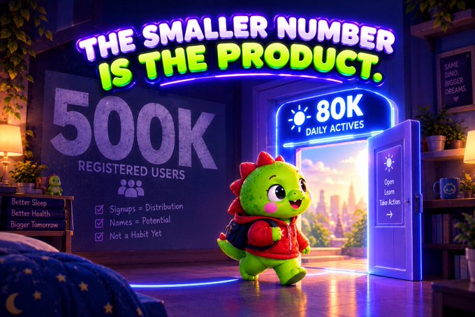 Digital marketing graphic with text 'THE SMALLER NUMBER IS THE PRODUCT.' showing '500K REGISTERED USERS' versus '80K DAILY ACTIVES', alongside a green cartoon dinosaur character and checkmarks for 'Signups = Distribution', 'Names = Potential', and 'Not a Habit Yet'.