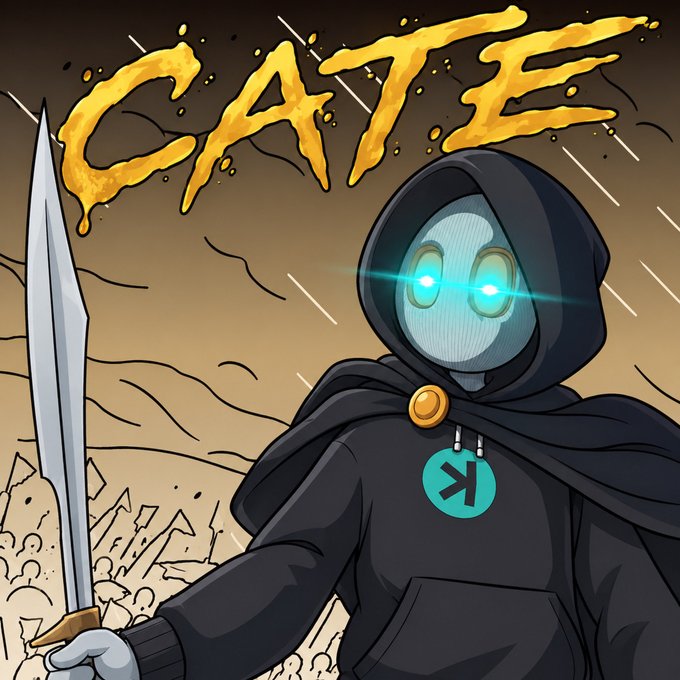 A hooded, sword-wielding figure with glowing cyan eyes stands triumphantly above a crowd, with bold "CATE" text blazing in gold above. The image evokes a heroic, almost mythic victory—mirroring the post's celebration of $CATE hitting a 100M market cap milestone and its bold ambition toward billion-dollar territory.