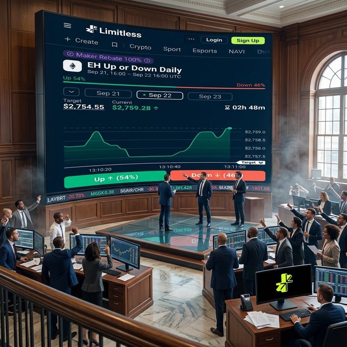 A surreal image depicting a chaotic trading floor beneath a large screen displaying a 'Limitless' prediction market for 'EH Up or Down Daily' with options to bet 'Up (54%)' or 'Down (46%)'.