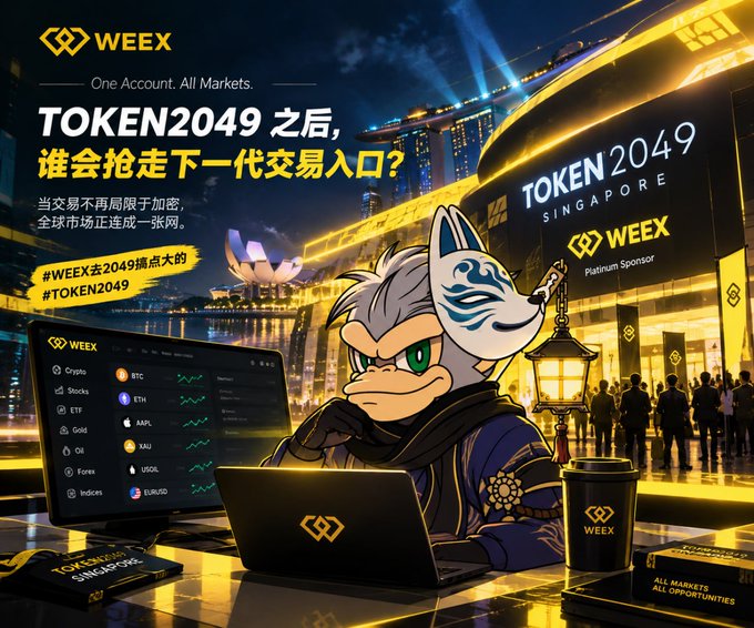 A promotional graphic for 'WEEX' features an anthropomorphic wolf character wearing a fox mask, working on a laptop with crypto market data; text highlights 'TOKEN2049 SINGAPORE' and 'Platinum Sponsor'.