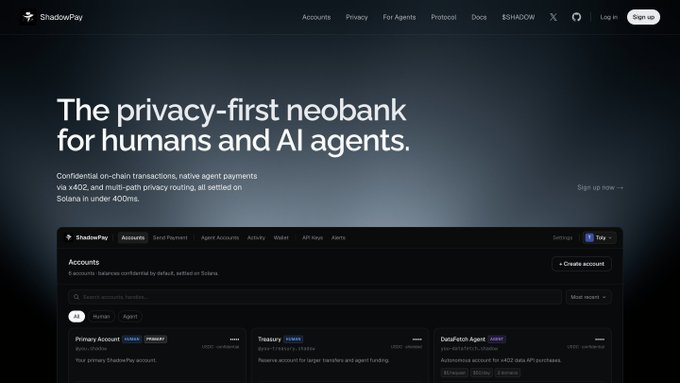 Screenshot of the ShadowPay website homepage, promoting 'The privacy-first neobank for humans and AI agents' with confidential on-chain transactions on Solana.