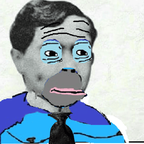 A crudely edited cartoon drawing of a man in a blue shirt and black tie with exaggerated blue watery eyes and prominent gray lips.