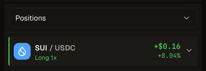 A cryptocurrency trading interface displaying an active position for SUI/USDC with a long 1x leverage, showing a gain of +$0.16 or +8.04%.