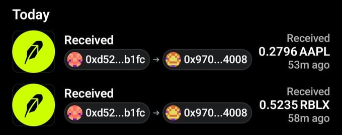 A cryptocurrency transaction history showing two 'Received' entries: 0.2796 AAPL tokens received 53 minutes ago and 0.5235 RBLX tokens received 58 minutes ago, both transferred from wallet '0xd52...b1fc' to '0x970...4008'.