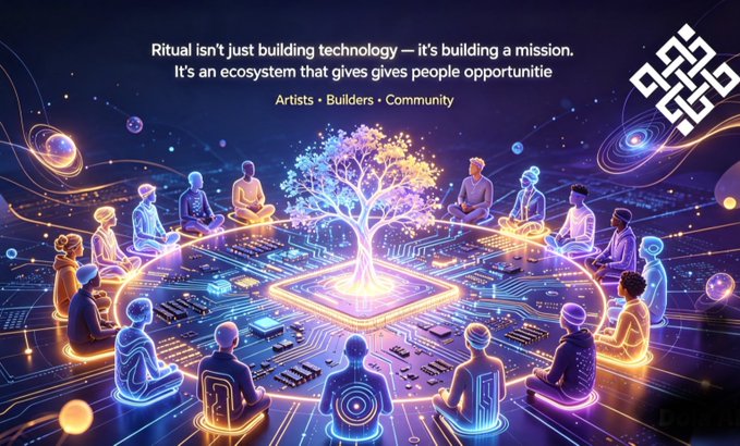 A digital artwork showing people sitting in a circle around a glowing tree on a circuit board, with the text 'Ritual isn't just building technology — it's building a mission. It's an ecosystem that gives gives people opportunity. Artists · Builders · Community' and a geometric logo in the corner.