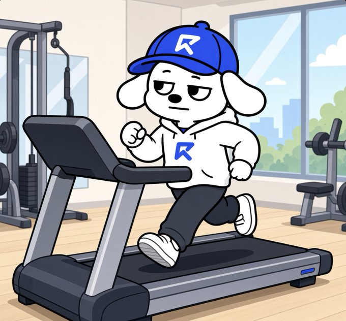 A cartoon dog wearing a blue "R" cap and white hoodie runs on a treadmill in a gym, matching the RUNUP game concept where players time market moves to keep their dog jumping on a chart. The "R" logo on the cap and hoodie ties directly to the RUNUP brand featured in the post.