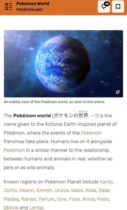 A Pokémon Wiki page titled 'Pokémon World' showing an orbital view of the fictional Pokémon planet, described as an Earth-inspired world where humans and Pokémon coexist, with known regions including Kanto, Johto, Hoenn, Sinnoh, Unova, Kalos, Alola, Galar, Paldea, and others.