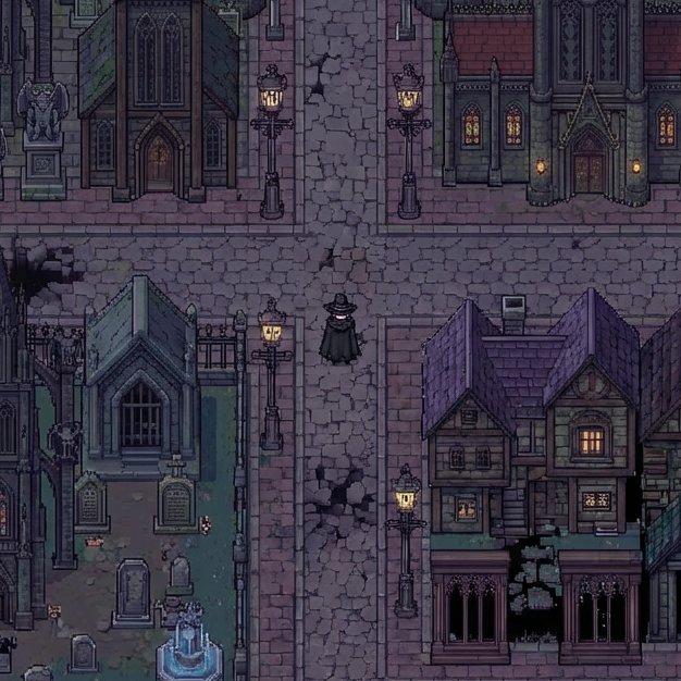 A pixel-art video game scene shows a dark gothic-style town with cobblestone streets, lamp posts, a church with gargoyles, a cemetery with tombstones and a fountain, and a small cloaked figure standing in the center of the road.