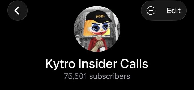 A channel profile for 'Kytro Insider Calls' showing 75,501 subscribers with an avatar of a cartoon character wearing a 'HODL' cap.