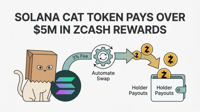 An infographic titled 'SOLANA CAT TOKEN PAYS OVER $5M IN ZCASH REWARDS' illustrating a 3% fee automate swap mechanism that distributes holder payouts in Zcash coins via a wallet.