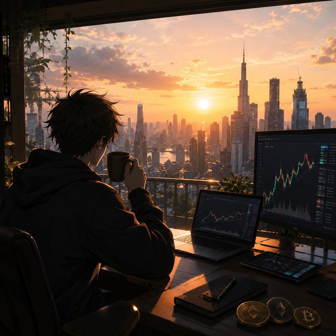 An anime-style illustration of a person in a dark hoodie drinking from a mug while looking at trading charts on a laptop and monitor, with a city skyline at sunset and crypto coins (including Bitcoin) on the desk.