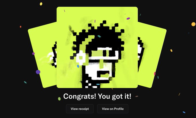 A digital celebration screen with yellow cards displaying a pixelated character, confetti effects, and the text 'Congrats! You got it!' with buttons to view receipt or profile.