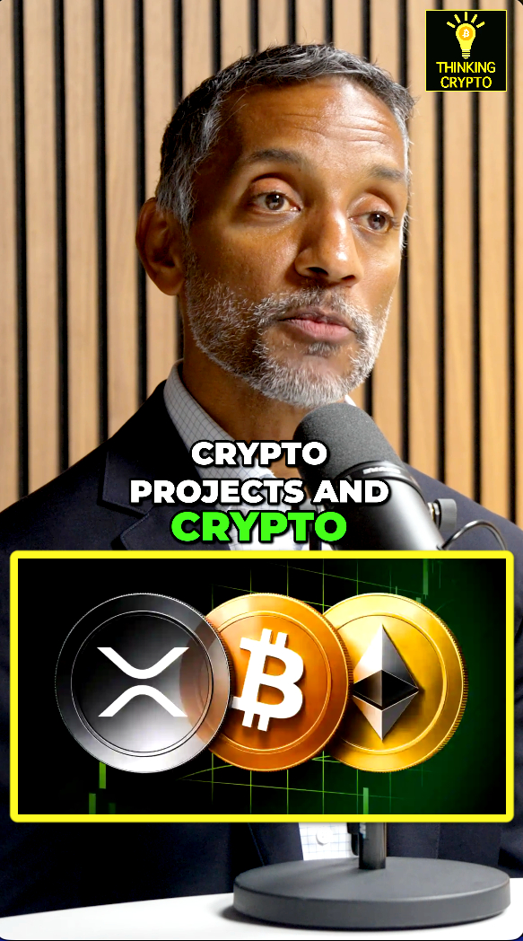 A man speaks into a microphone in front of a wooden panel backdrop, with "THINKING CRYPTO" logo in the corner and a graphic below showing XRP, Bitcoin, and Ethereum coins alongside the text "CRYPTO PROJECTS AND CRYPTO," visually reinforcing the post's message about crypto risks applying across different digital asset projects.
