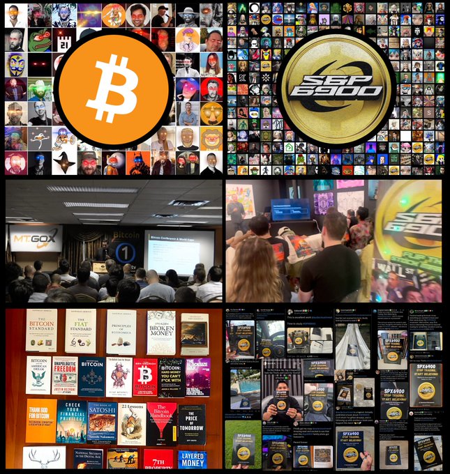 A collage features a large orange Bitcoin logo and a gold 'SGP 6900' coin, surrounded by numerous smaller profile pictures, photos of crypto conferences like 'MT GOX' and 'Bitcoin Conference', and various books and merchandise related to cryptocurrency.