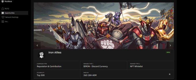 A screenshot of the Nucleus platform displaying the 'Iron Allies' opportunities page, featuring a banner of armored warriors and reward details for 'Reputation & Contribution' and 'IRON - Discord Currency'.