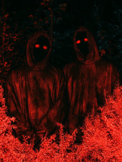 Two ominous hooded figures with glowing red eyes stand in a dark forest illuminated by red light, appearing as a horror-themed image.