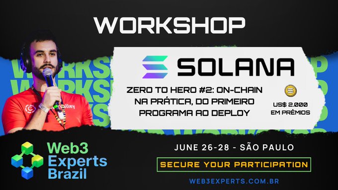 The image features a man wearing a red shirt holding a microphone, with the words "Workshop" written above him. The background of the image shows a banner that says "Zero to Hero #2: On-chain na Prática, do Primeiro Programa ao Deploy", which is related to the workshop Solana. The man in the image appears to be speaking at this event or promoting it.