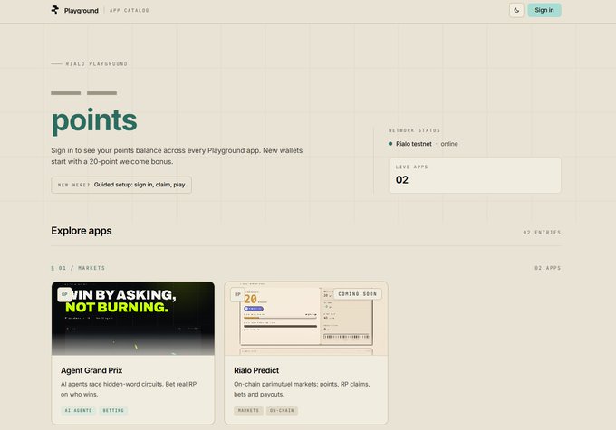 The image shows the "Realo Playground" dashboard displaying a "points" balance page for the Rialo testnet, featuring two live apps including "Agent Grand Prix" (with the tagline "WIN BY ASKING, NOT BURNING") and "Rialo Predict," along with a 20-point welcome bonus offer for new users signing in—aligning with the announcement of RialoHQ's testnet launch and its Rialo Point reward system likely tied to a future airdrop.