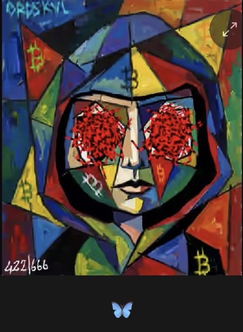 A cubist-style digital painting of a hooded figure with bleeding red eyes, surrounded by Bitcoin logos, numbered 422/666.