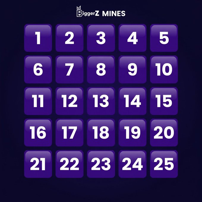 A purple-themed interface titled "BiggerZ MINES" displays a 5x5 grid of numbered tiles from 1 to 25 against a dark background.