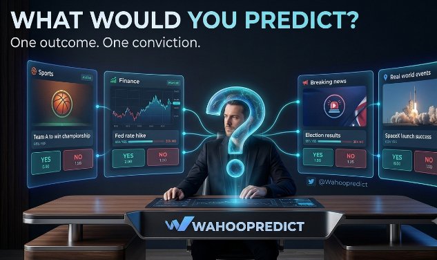 A promotional image for 'WAHOOPREDICT' showing a man at a futuristic desk with a glowing question mark hologram, surrounded by prediction panels for Sports, Finance, Breaking news, and Real world events.